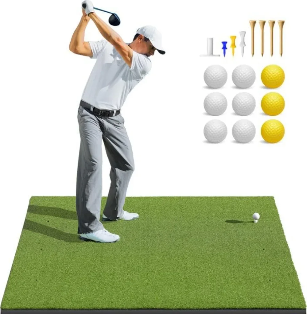 Golf Hitting Mats Practice Outdoor Indoor, Artificial Turf Golf Practice Mats with Rubber Tees, 9 Golf Balls