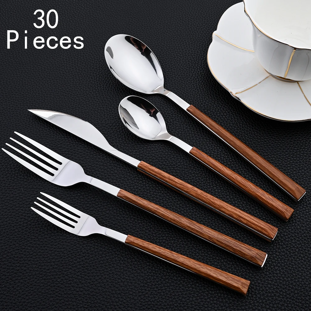 

Zoseil 30Pcs Flatware Sets Knives Forks Spoons Tableware Stainless Steel Western Cutlery Set Imitation Wooden Handle Silverware