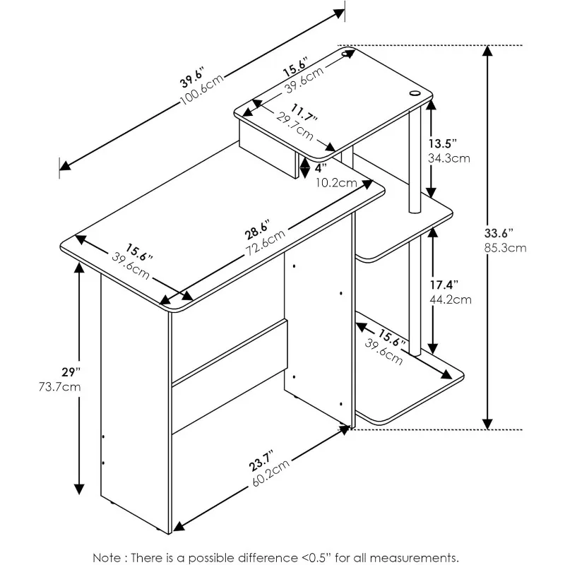 Meja Komputer Notebook Laptop Rumah Efisien dengan Rak Persegi, French Oak/Hitam