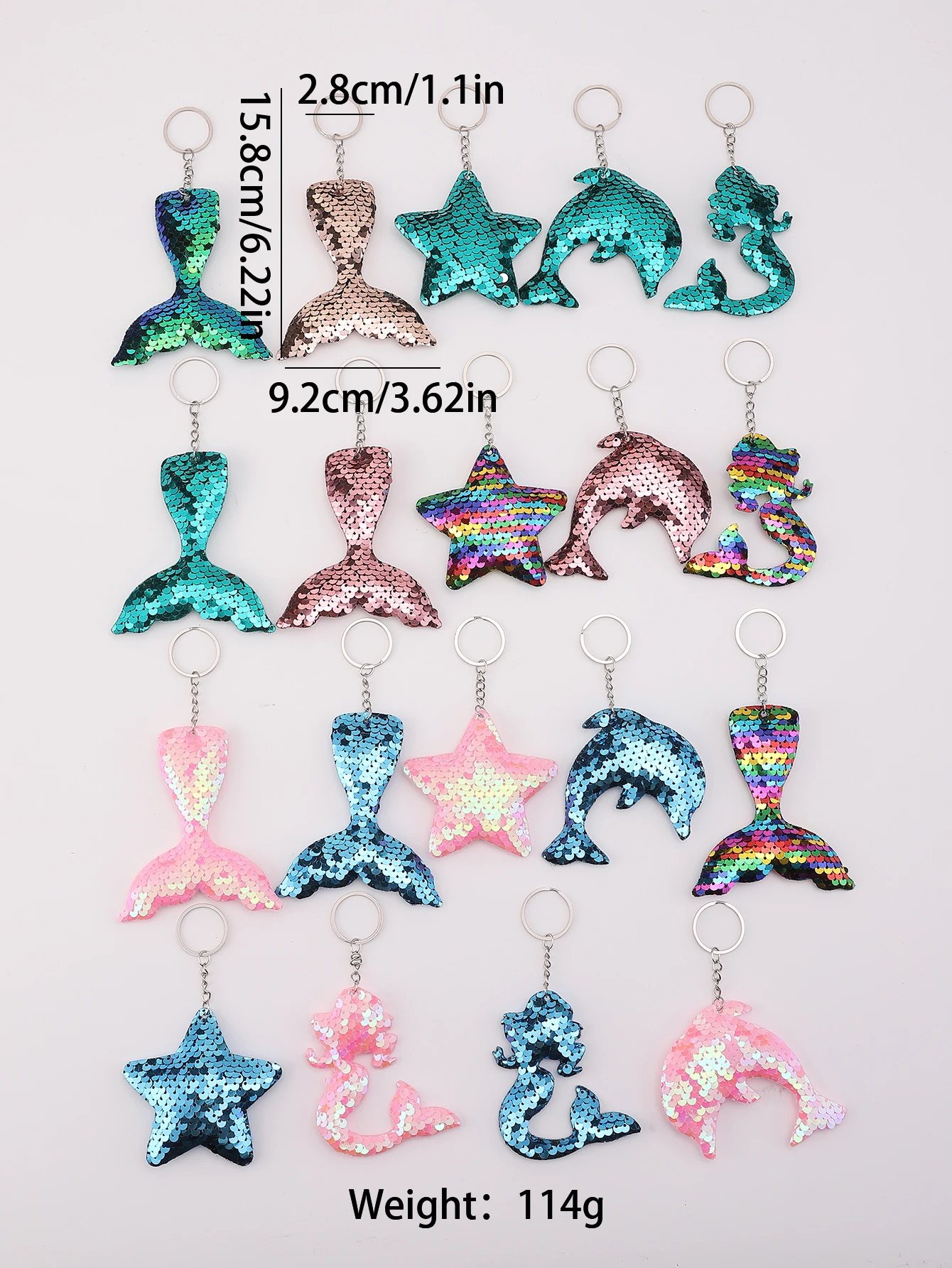 19pcs Glitter Reversible Sequins Mermaid Tails Keychain Cute Cartoon Bag Key Chain Keyring Ornament Bag Purse Charm Accessories