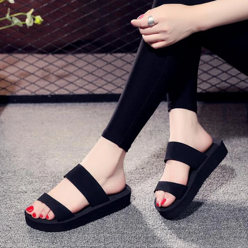 Women Platform Sandals Shoes Solid Color Wedge Slippers Footwear Ladies Beach Summer Non-Slip High Heels Flip Flops Casual Black