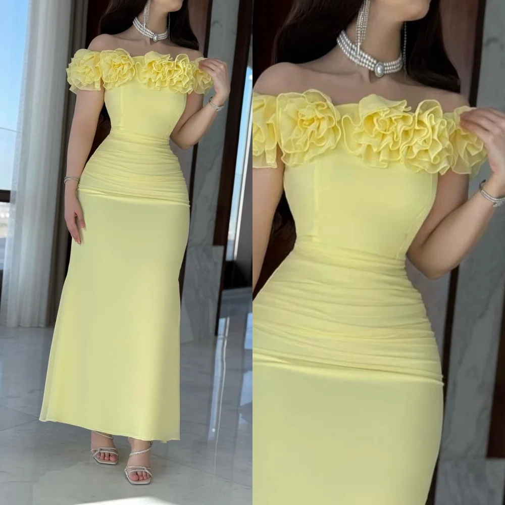

Customized Modern Style Pastrol Jersey Handmade Flower Ruched ColumnBoat Neck Ankle Length Dresses Bespoke Occasion Dresses Sexy
