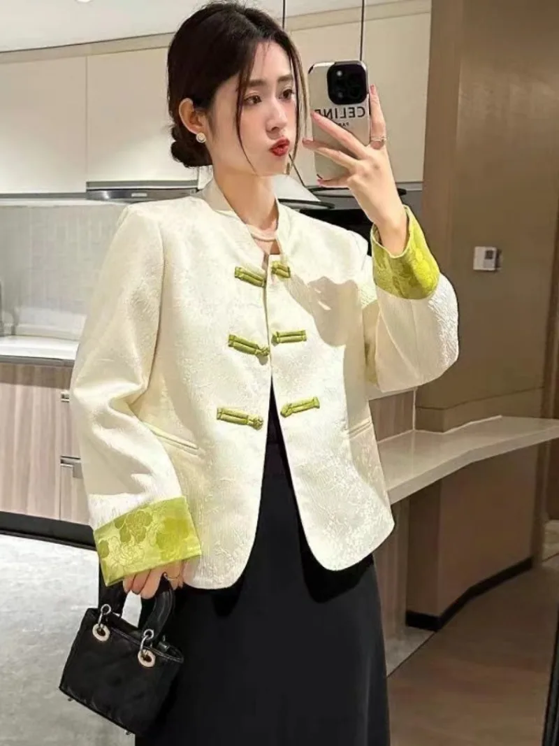 Jaquetas para mulheres novo estilo chinês temperamento chique ins all-match botão design harajuku elegante diário jacquard na moda suave