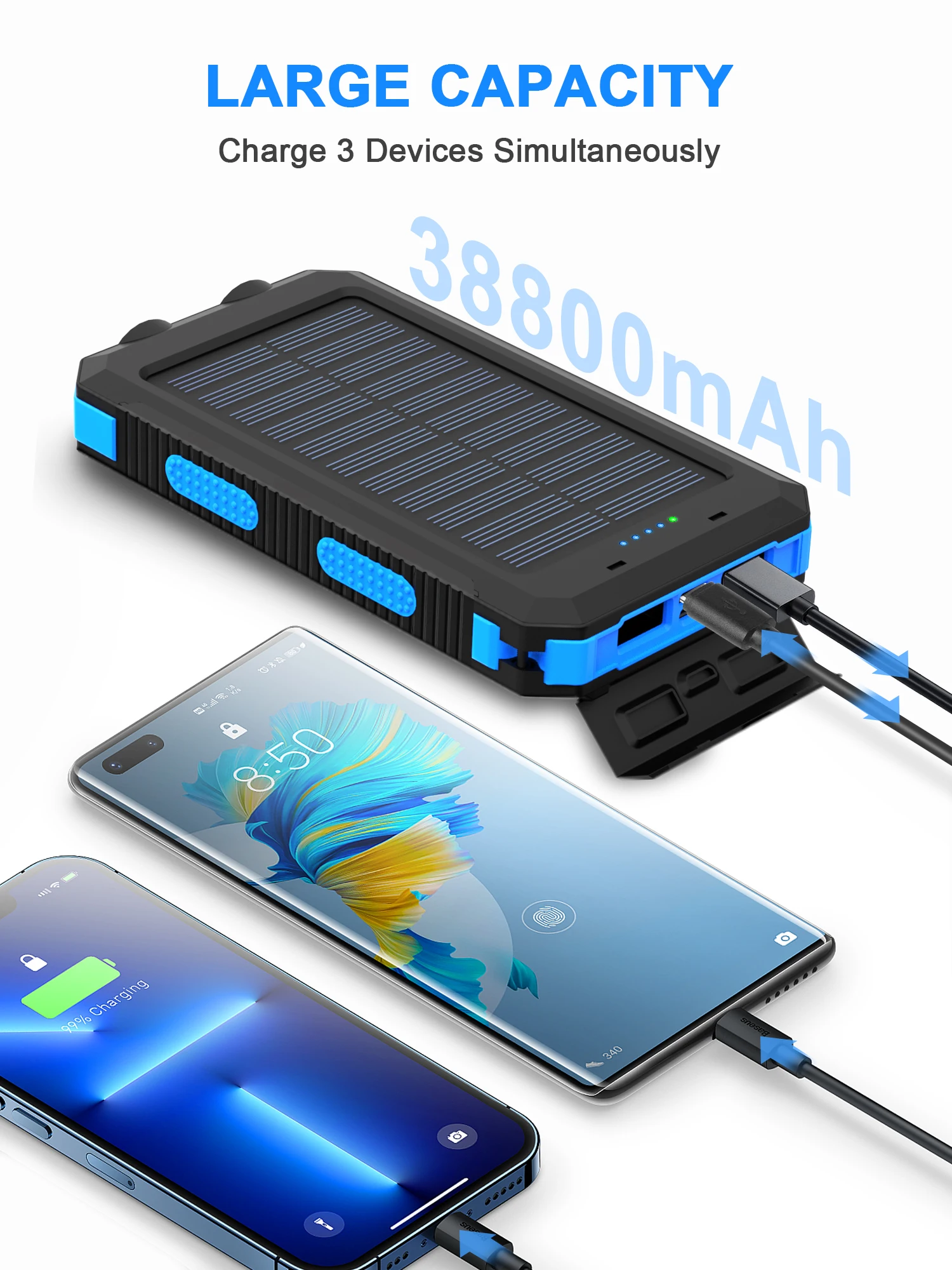 Solar-Powerbank 38800 mAh mit integriertem Kabel, leichtes und großes universelles mobiles Netzteil für Mobiltelefone