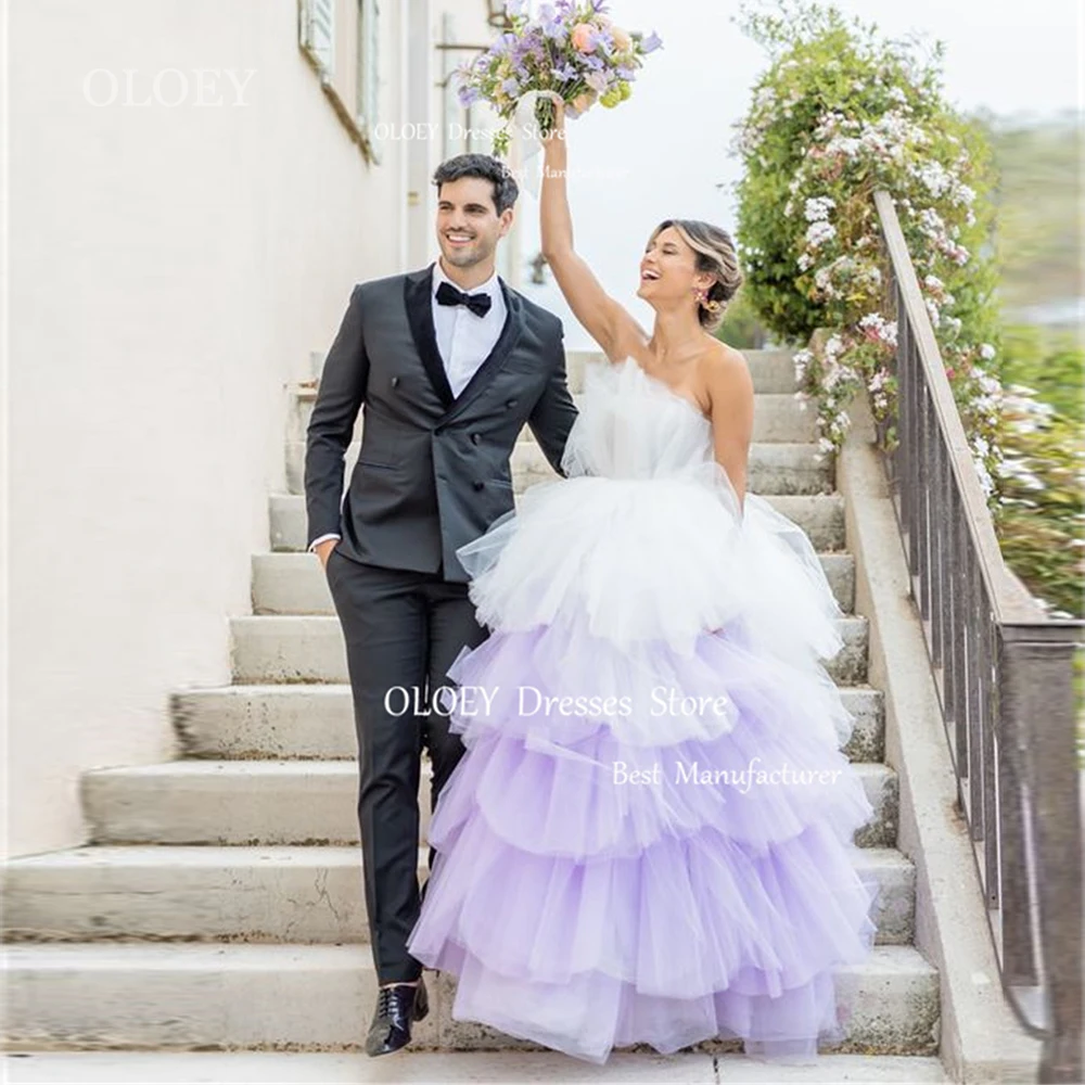 OLOEY Elegant Ivory Light Purple Wedding Dress Tiered Silky Organza Strapless Bridal Gown Zipper Back Custom Made Marriage Floor