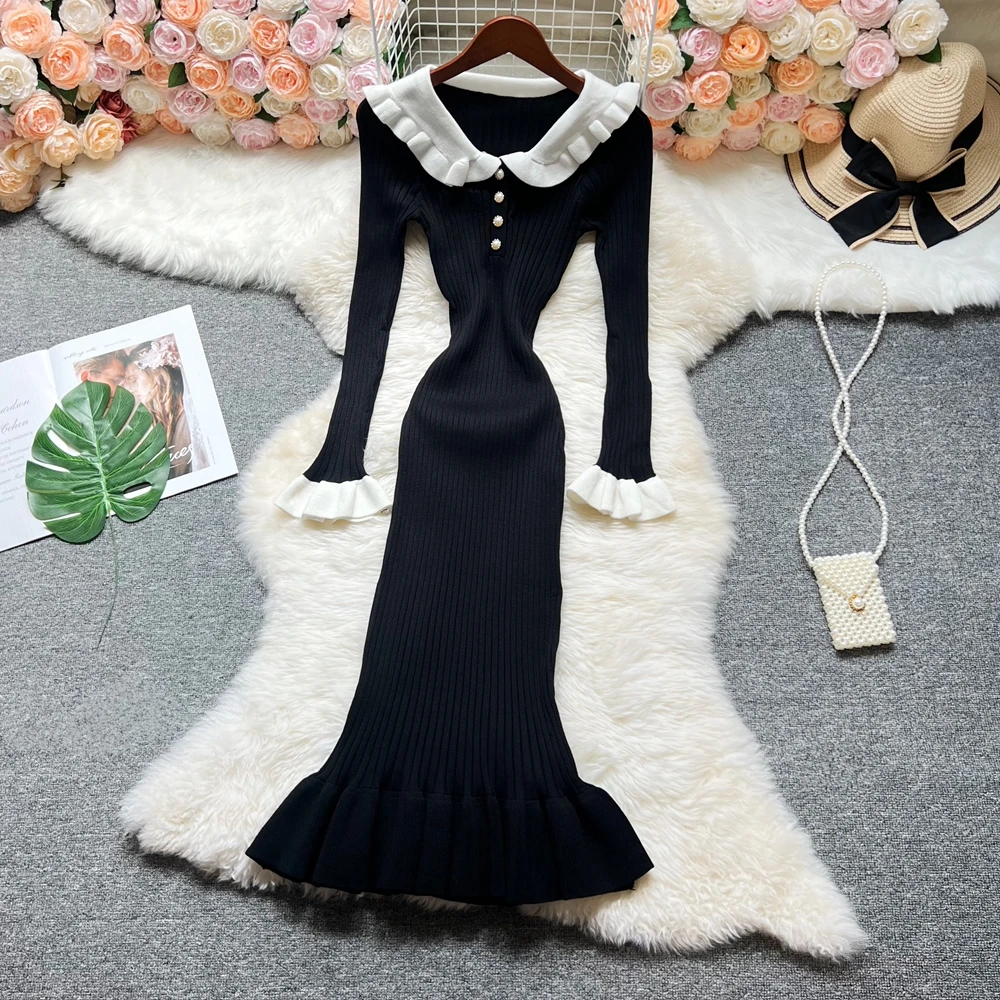 YuooMuoo 유럽 패션 인어 파티 드레스 2026 가을 겨울 긴 소매 슬림 탄성 바디콘 니트 롱 드레스 여성 의류