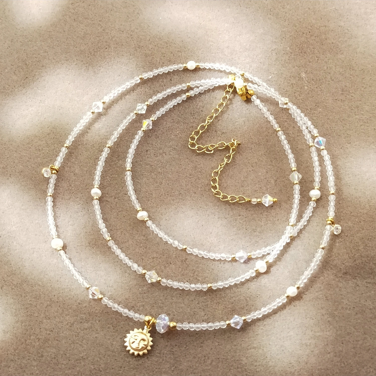 

Lii Ji 2MM Clear Quartz Stainless Steel Gold Plated Waist Chain 75+9cm Natural Stone Handmade Jewelry