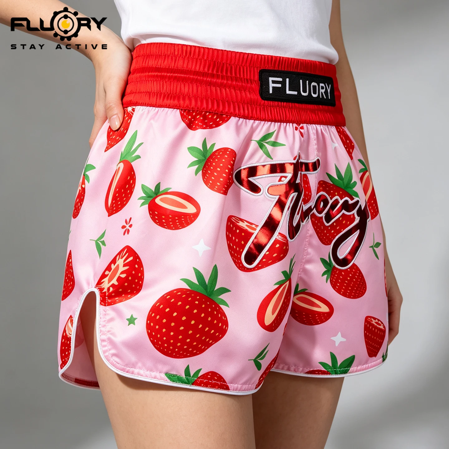 FLUORY Girls' Strawberry Printed Embroidered Muay Thai Shorts, Suitable for MMA Fighting Gym Training Shorts Boxing Shorts
