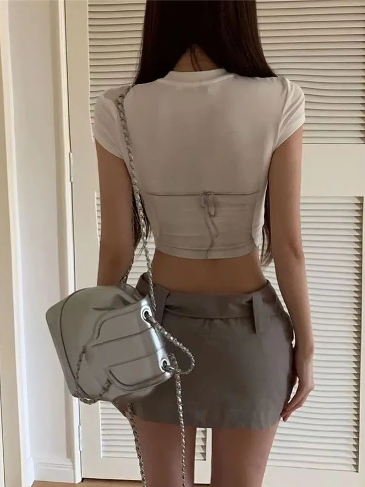 Women American Street Style Bikini Sheer Effect Slim Fit Short Sleeve Crop Top Summer Trendy Navel Bare Top