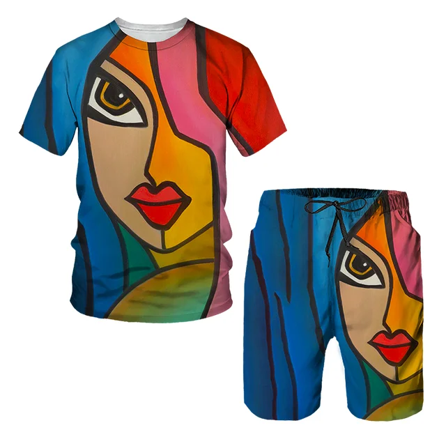 Summer Designer Unisex Oversized 3D Printed Graphic Abstraction T-Shirt Set Casual Streetwear Fashion Trend Wen Women Tracksuit