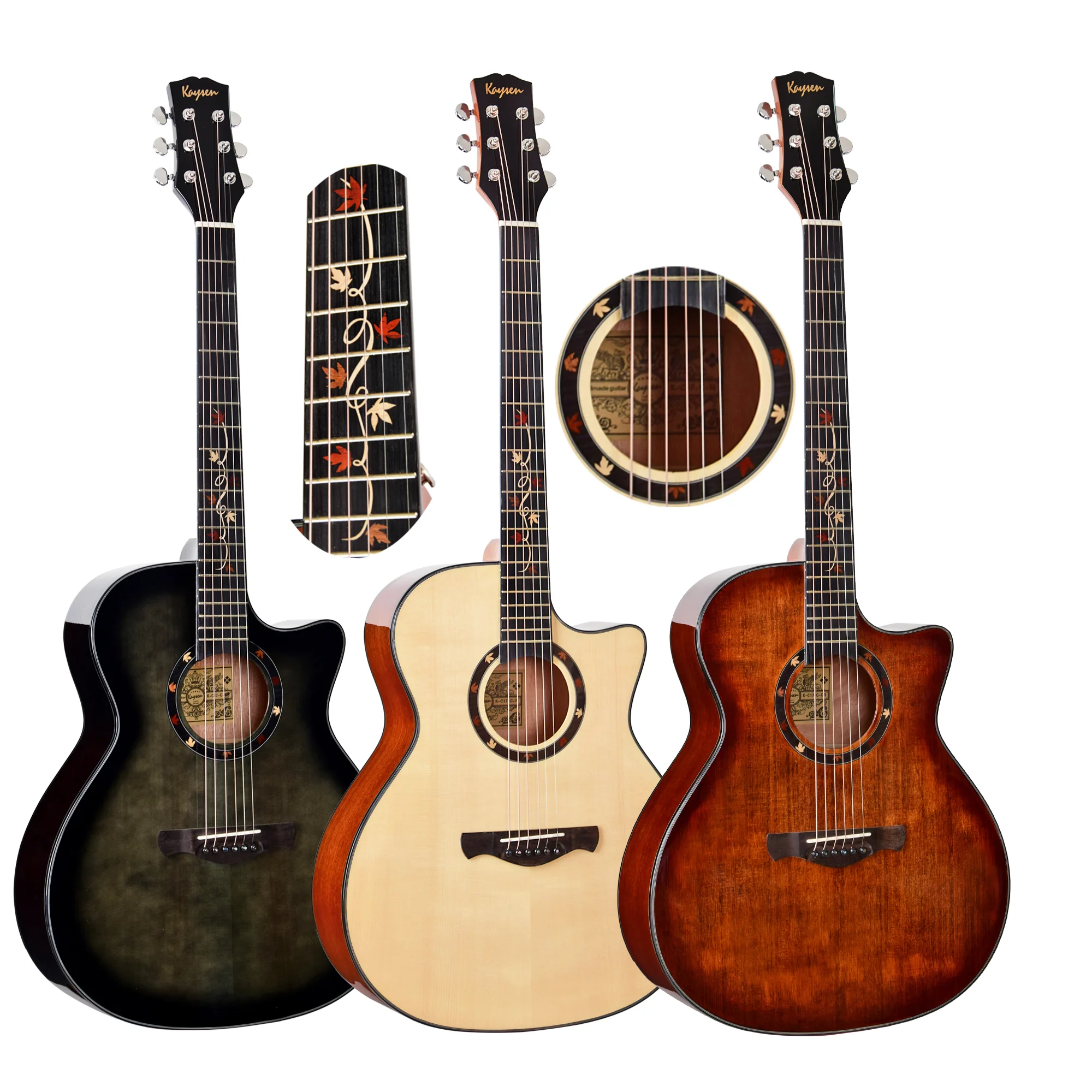 

China Manufacture Wholesale 6 Strings Maple Leaf Inlay Solid High-end Acoustic Guitars