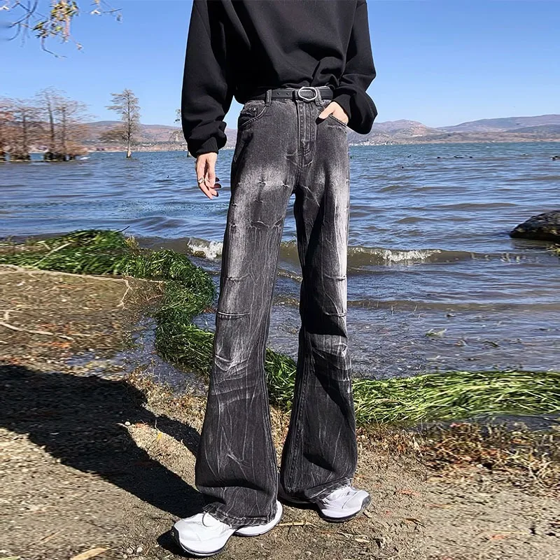 

Flared Jeans Men's Niche Vibe Style Black and Gray Floor Trousers Trendy Cooling Pants Jorts Chrome Darts Short Y2k Clothes Top