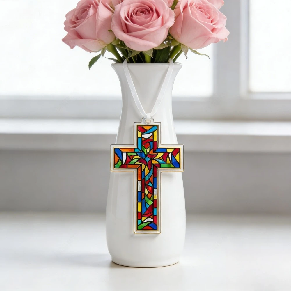 Acryl-Kreuzornamente im Buntglas-Stil, farbenfrohe geometrische Kreuz-Dekorationen für Zuhause, Fensterbank-Ornamente, Familiengeschenke