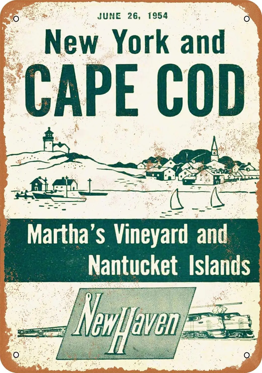Plaque en métal rétro 1954 New Haven Railroad York and Cape Cod, décoration murale amusante pour cuisine, bar, club, garage, jardin, ferme