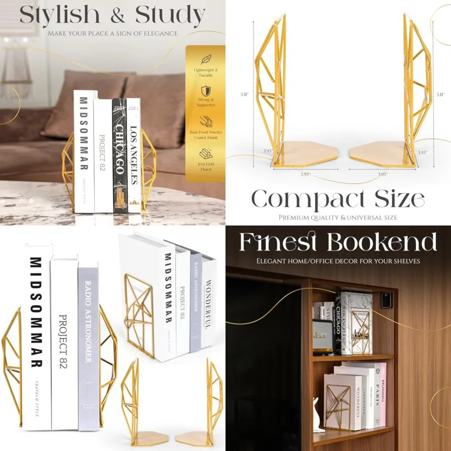 

Декоративный геометрический дизайн Золотые металлические подставки для книг для полок с отделкой с порошковым покрытием Элегантный нескользящий легкий настольный Boo