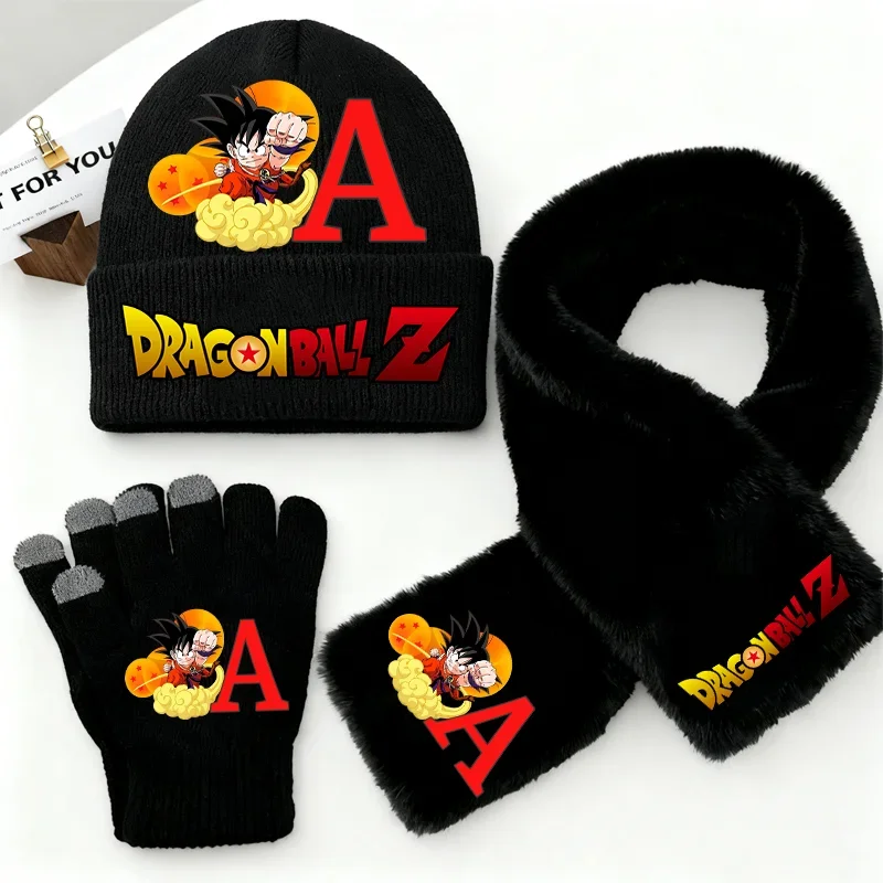 Conjunto de gorro, bufanda y guantes de punto para niños, con motivos de Dragon Ball, ideal para el invierno, de estilo informal y con diseños adorables de anime. Incluye 3 piezas: gorro, bufanda y guantes. Perfecto como regalo de cumpleaños para niñas y niños.