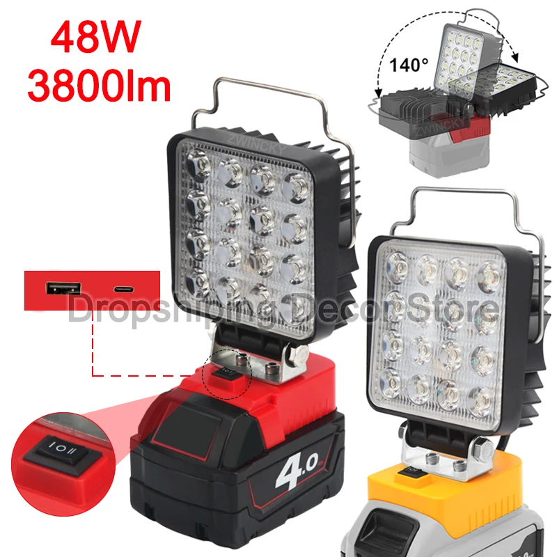 

48W Portable LED Work Light with Hook for Dewalt/Milwaukee 18V 20V Lithium Battery Outdoor Camping Emergency Lighting Flashlight