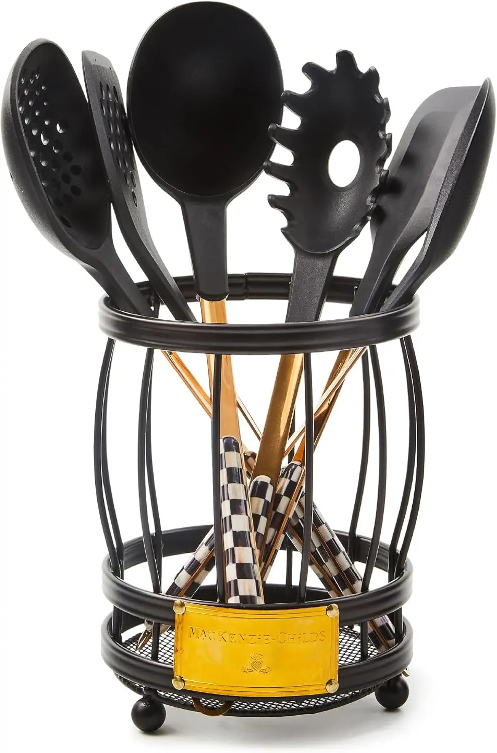 Utensil Caddy Set with Kitchen Utensils, Black-and-White Courtly Check