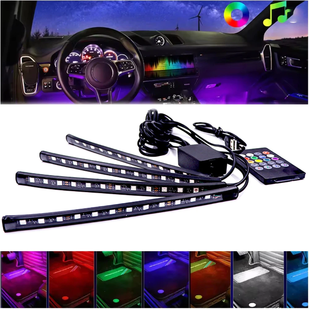 4Pcs Car Interior LED Foot Lights 48 72 LED RGB Ambient Lamp USB Wireless Remote APP Music Sync Sound Activated Auto Atmosphere