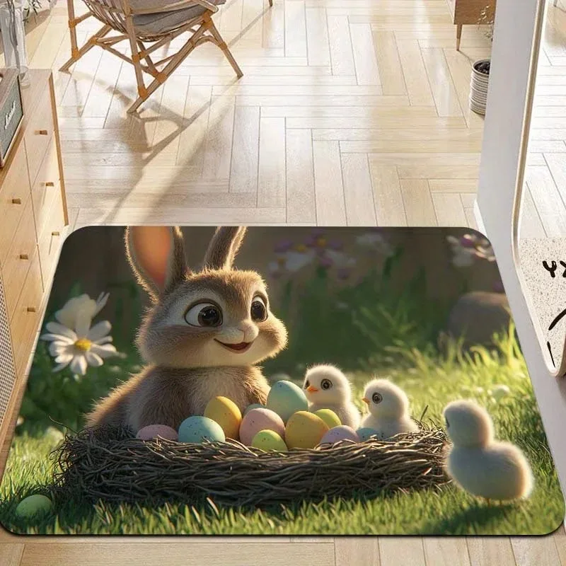 Entryway Cute Easter Decor Mat Fluffy Rabbit Chick Egg Nest Pattern Durable Holiday Home Decor Mat