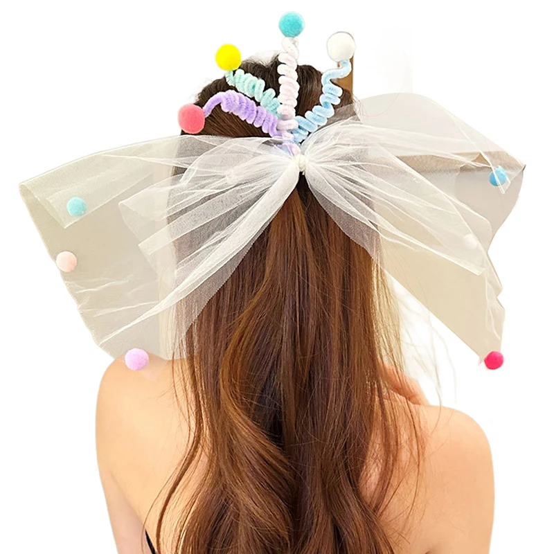 

[Y]Cute Funny Exaggerate Bow Rhinestone Twist Stick White Mesh Spring Clip For Girls Party Halloween Hair Accessories