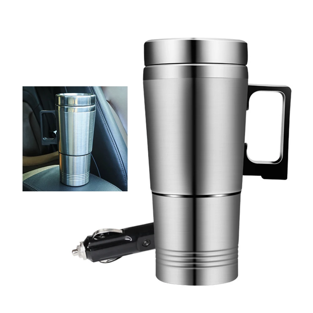 Taza calefactora para vehículo, taza térmica de agua, café, leche, 12V/24V, taza calefactora eléctrica para coche de 300ML, hervidor eléctrico de viaje de acero inoxidable