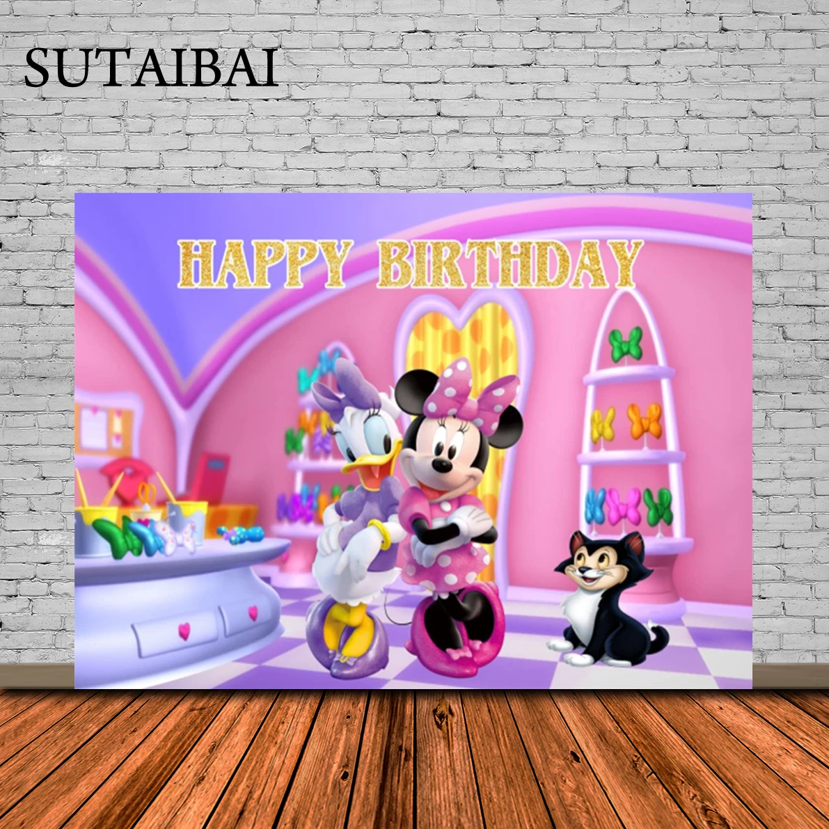 ฉากหลังโบว์มินนี่เมาส์และเดซี่สำหรับเด็กผู้หญิงธงประดับวันเกิด2สำหรับวันเกิดมินนี่เมาส์และเดซี่