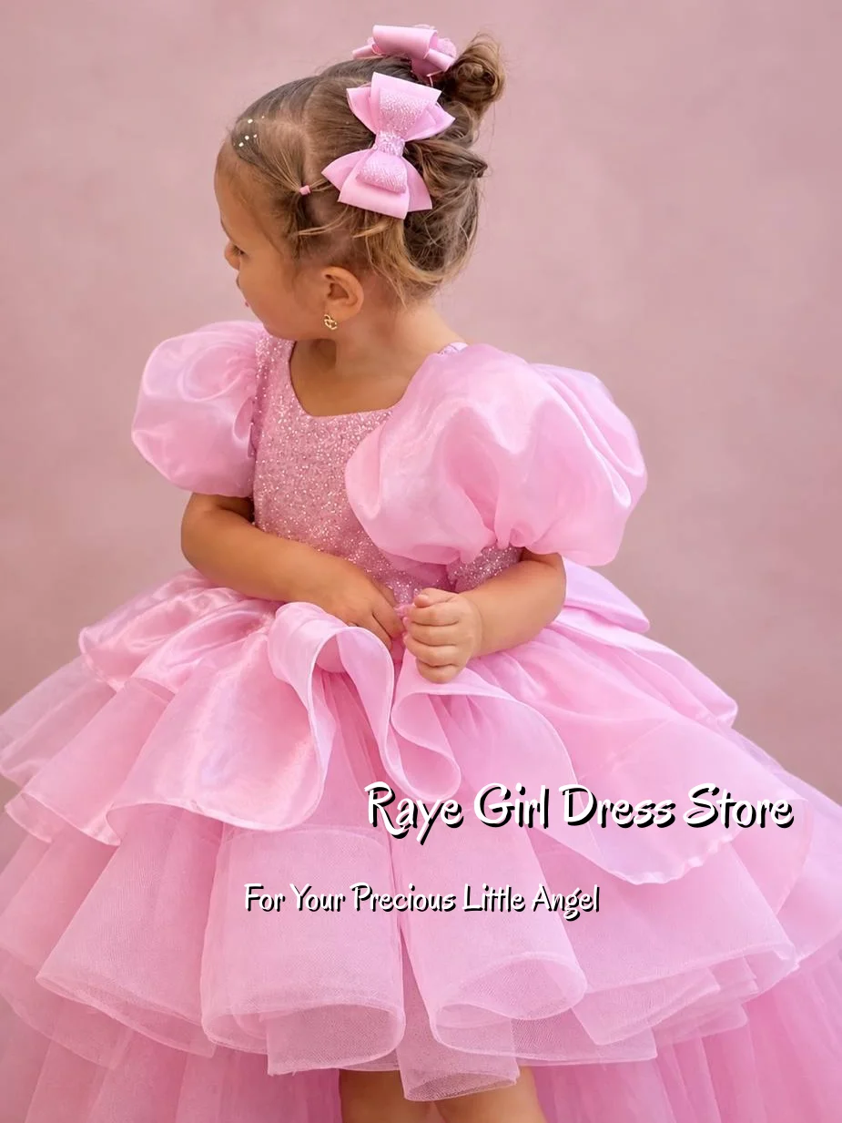 Pink Flower Girl Dress For Wedding Birthday Pageant A Line Short Puffy Gown Glitter Tulle Puff Sleeves Ruffled Multi Layer Gowns