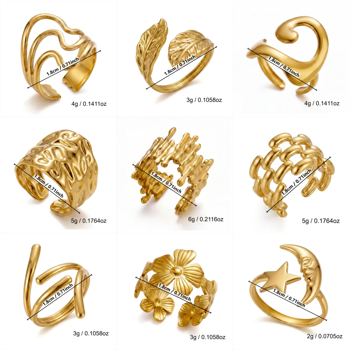 Gmai Goldfarben PVD-beschichteter Edelstahl-Ring-Set für Damen, Vintage-geometrische Statement-Ringe, Party-Schmuck, Geschenk, wasserdicht – Detail 9