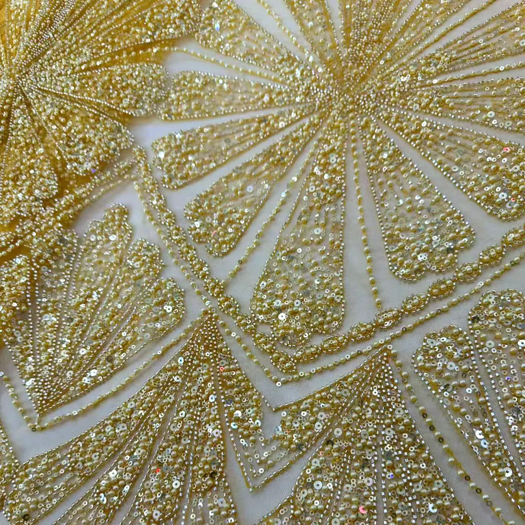 

Gold High-end African Nigerian Embroidery Lace Fabric Luxury French Mesh Tulle for Wedding Evening Party Dress Sewing 5 yards