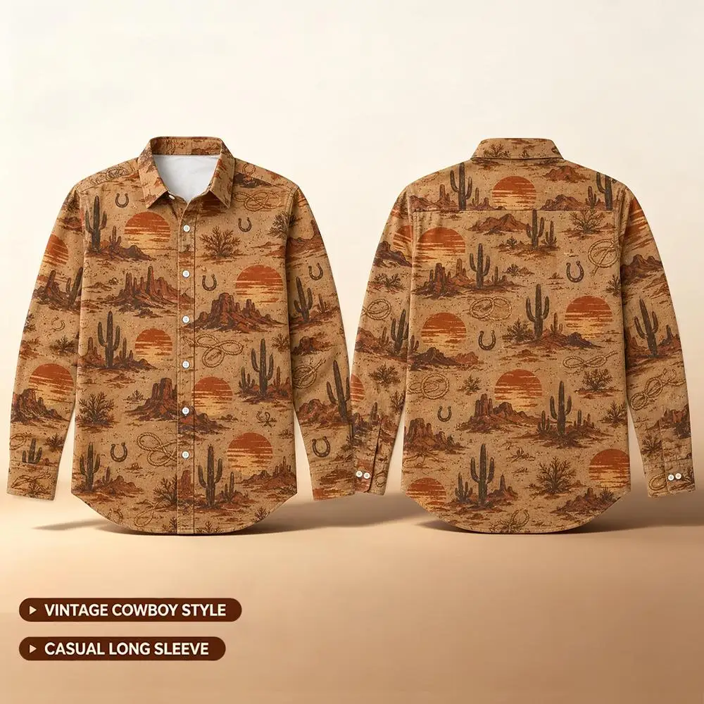 Western Cowboy Style Print Cotton Shirts Desert Cactus Graphic Button Down Shirt Casual Daily Commuting Retro Long Sleeve Tops