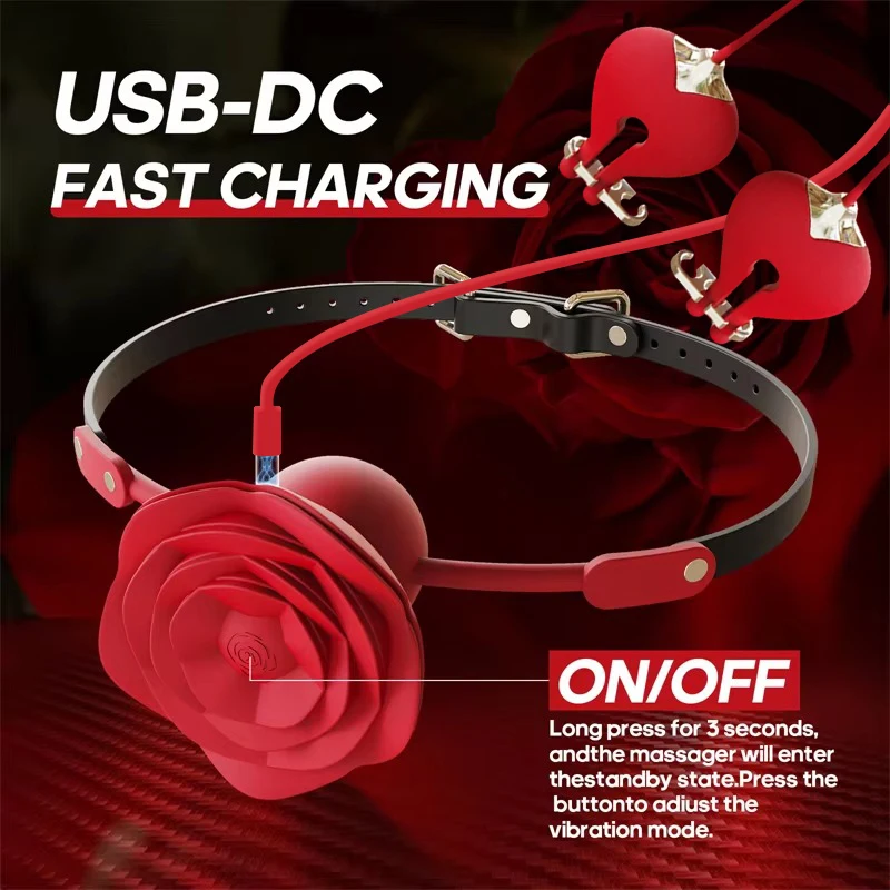 2 in 1 Nipple Clamp Vibrator Rose SM Oral Gag Vibrating Gagging Ball Slave Breast Stimulation Bitch Leash Sexy Toy Female Couple view 5
