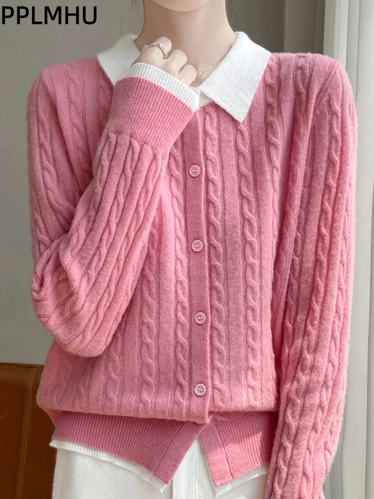 Cárdigan de punto informal holgado para mujer con solapa, suéter suave de patchwork, suéter de punto con cuello polo ajustado, chaleco.