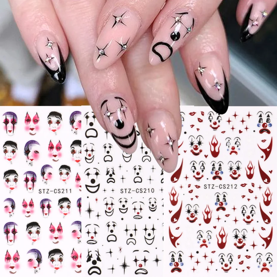 

3 шт., наклейки для ногтей в виде клоуна на Хэллоуин