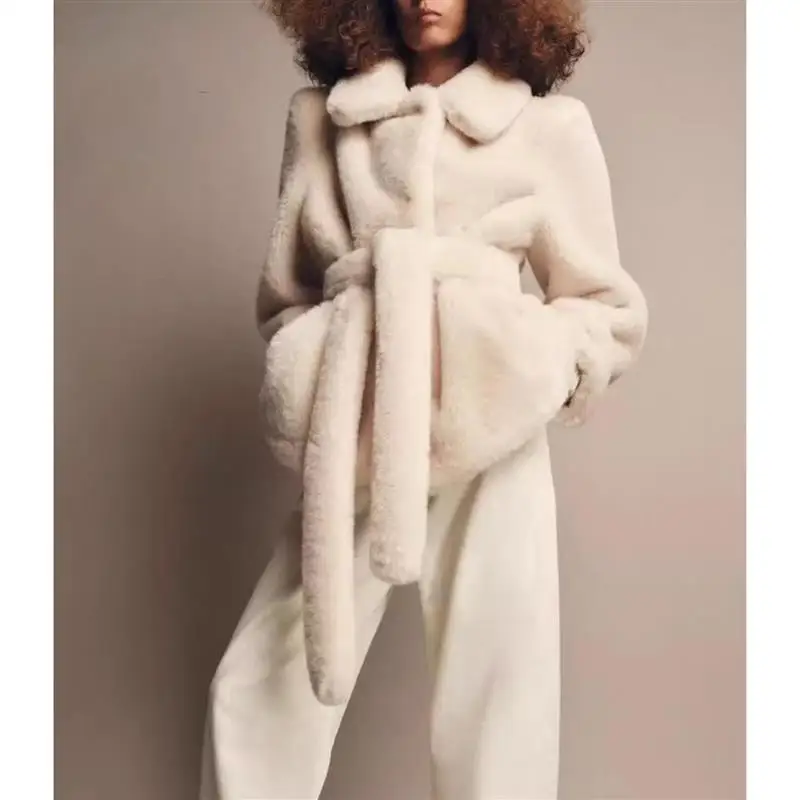 

Повседневное пальто с эффектом искусственного меха и поясом для ранней осени, женское длинное пальто большого размера обычной длины