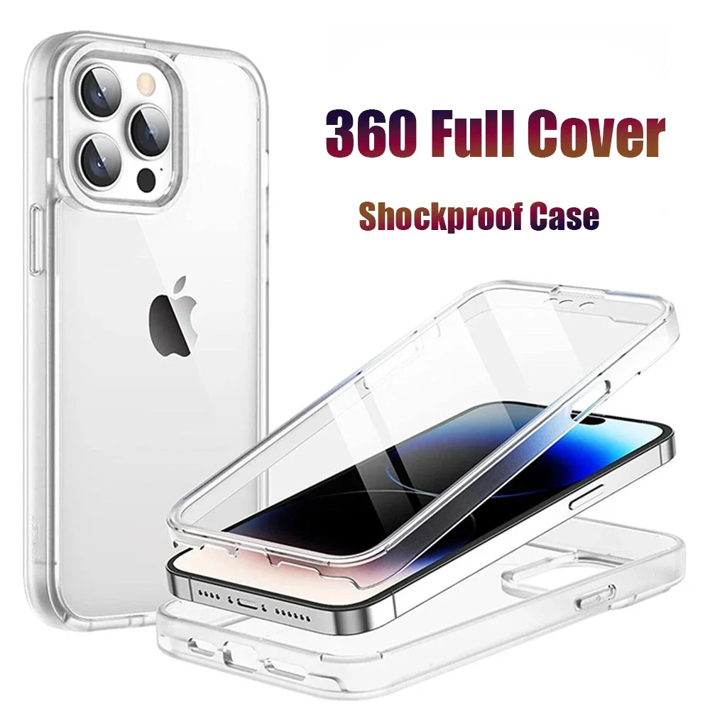 360 Full Protection Shockproof Transparent Phone Case For iPhone 15 14 11 12 13 Pro Max Double-sided Silicon TPU PC Back Cover