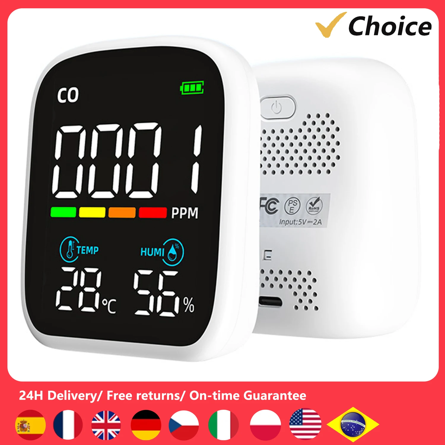 Digital LED Display CO Detector Portable Carbon Monoxide Tester Multifunctional Temperature and Humidity Test Meter