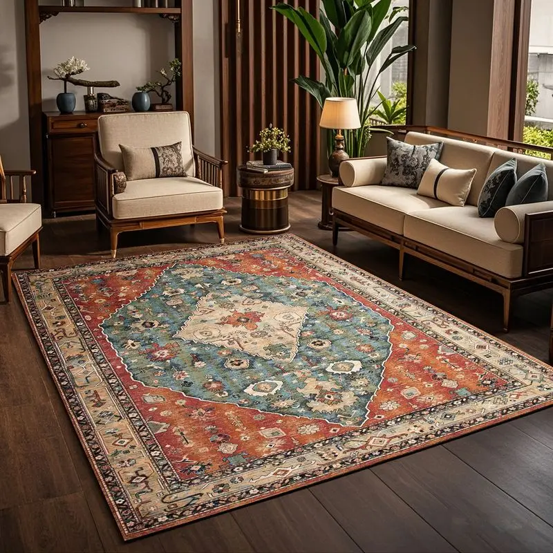 VIKAMA Red Blue Persian Vintage Center Area Rug for Living Room, Stain Resistant Durable Floor Rug Home Decor