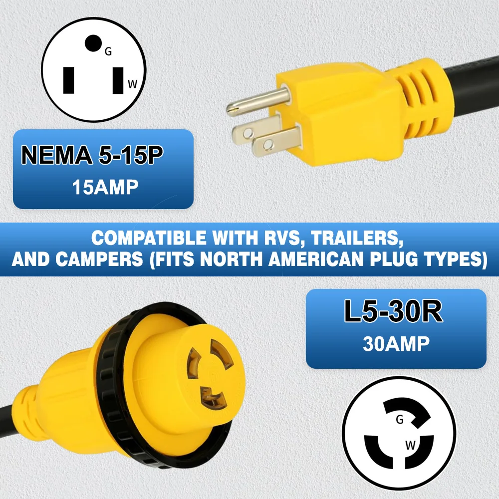 15A To 30A US Plug NEMA 5-15P To L5-30R RV Power Adapter Cord With Twist Locking For RV Trailer Camper 125/250V RV Plug