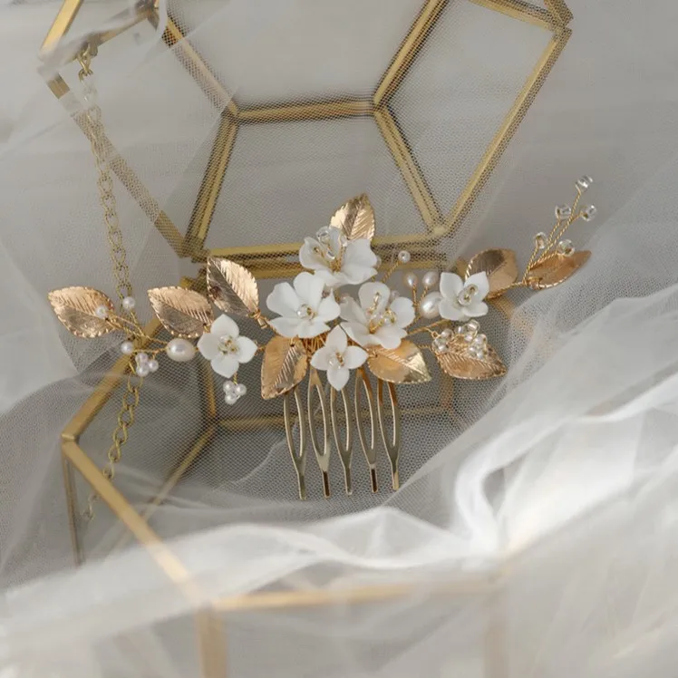 Delicate Porcelain Flower Small Comb Bridal Hair Pins Piece Gold Color Leaf Wedding Headpiece Handmade Women Pearls Hair Jewelry