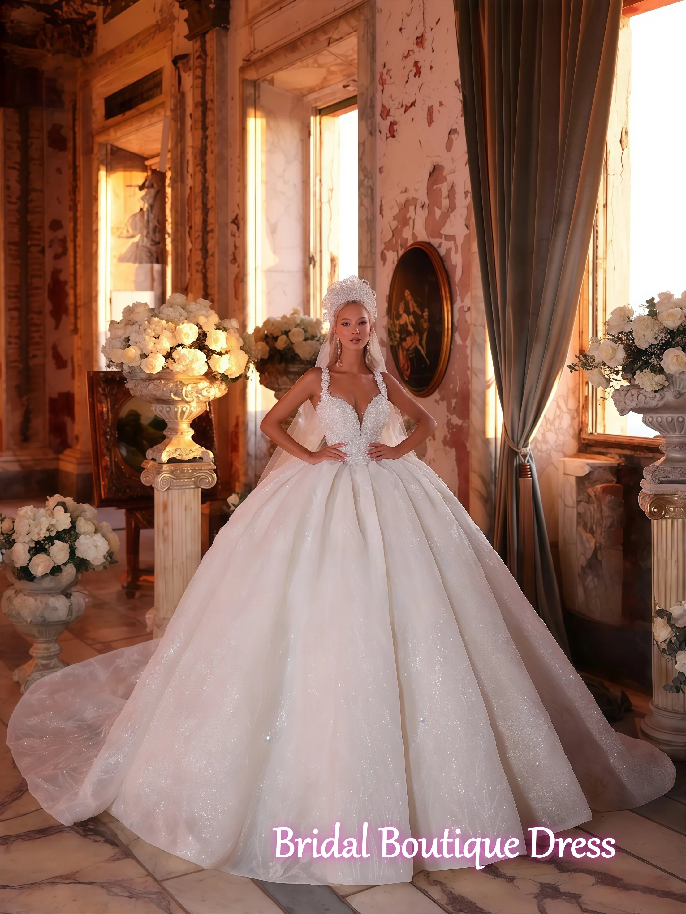 

Custom Made Luxury Lace Beading Pearls Embroidery Princess Ball Gown Wedding Dress Spaghetti Straps Puffy Bridal Gowns