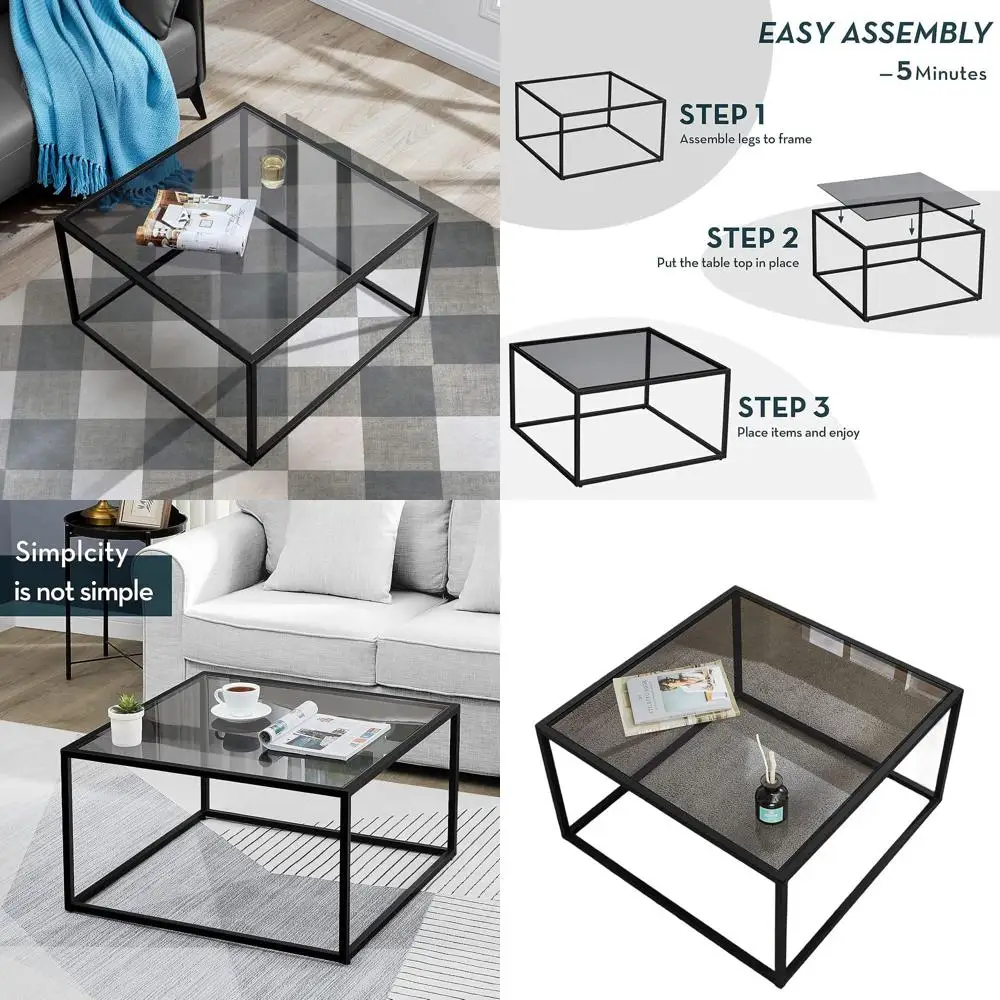 طاولة قهوة مربعة معاصرة مدمجة، 26.7 × 26.7 × 17.7، رمادي أسود لغرفة المعيشة #1