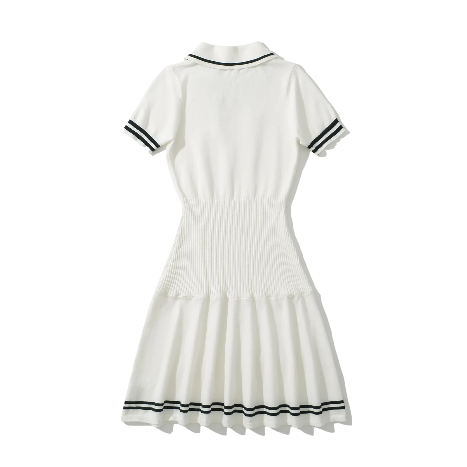 2024 Preppy Style Tie Bow Lapel Short Sleeve Knitted Dress Women Skinny Slim Fit Low Waist Hem Pleated A-lined Short Robe White