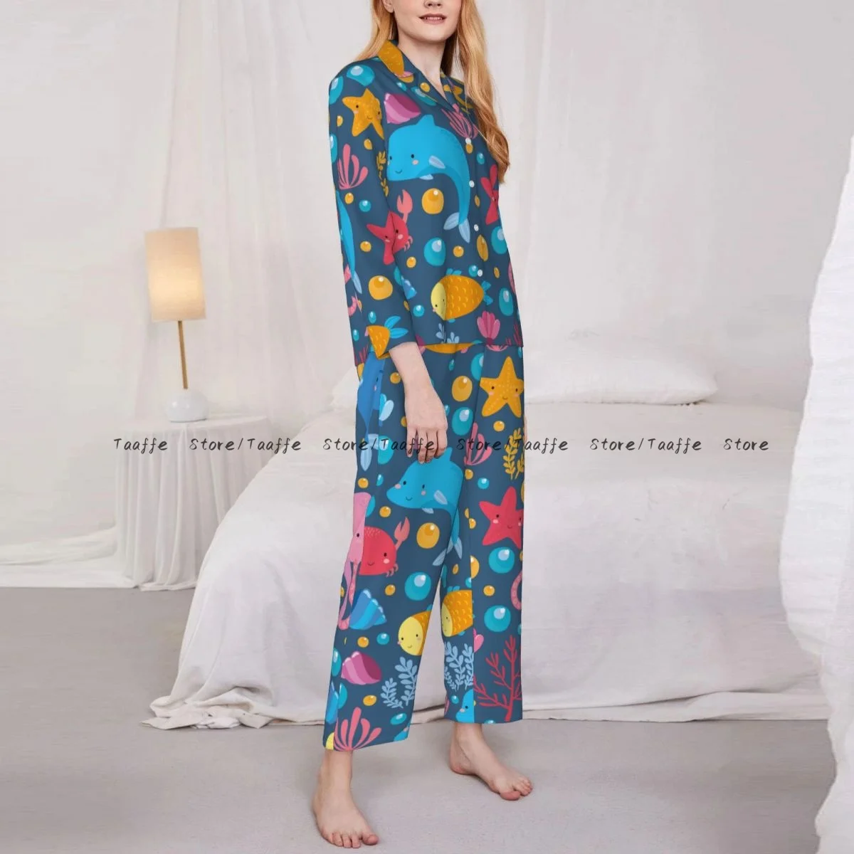 Colorful Fish Dolphin Crab Seaweed Womens Pajamas Loungewear Two-piece Sleepwear Button-Down Full Sleeve Long Pajamas Set