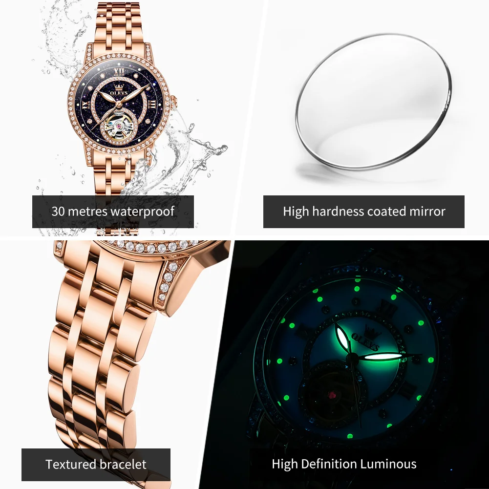 OLEVS 7036 Ladies Watch Luxury Hollowed-Out Automatic Mechanical Watch Starry Sky Dial Stainless Steel Watch For Women Bracelet