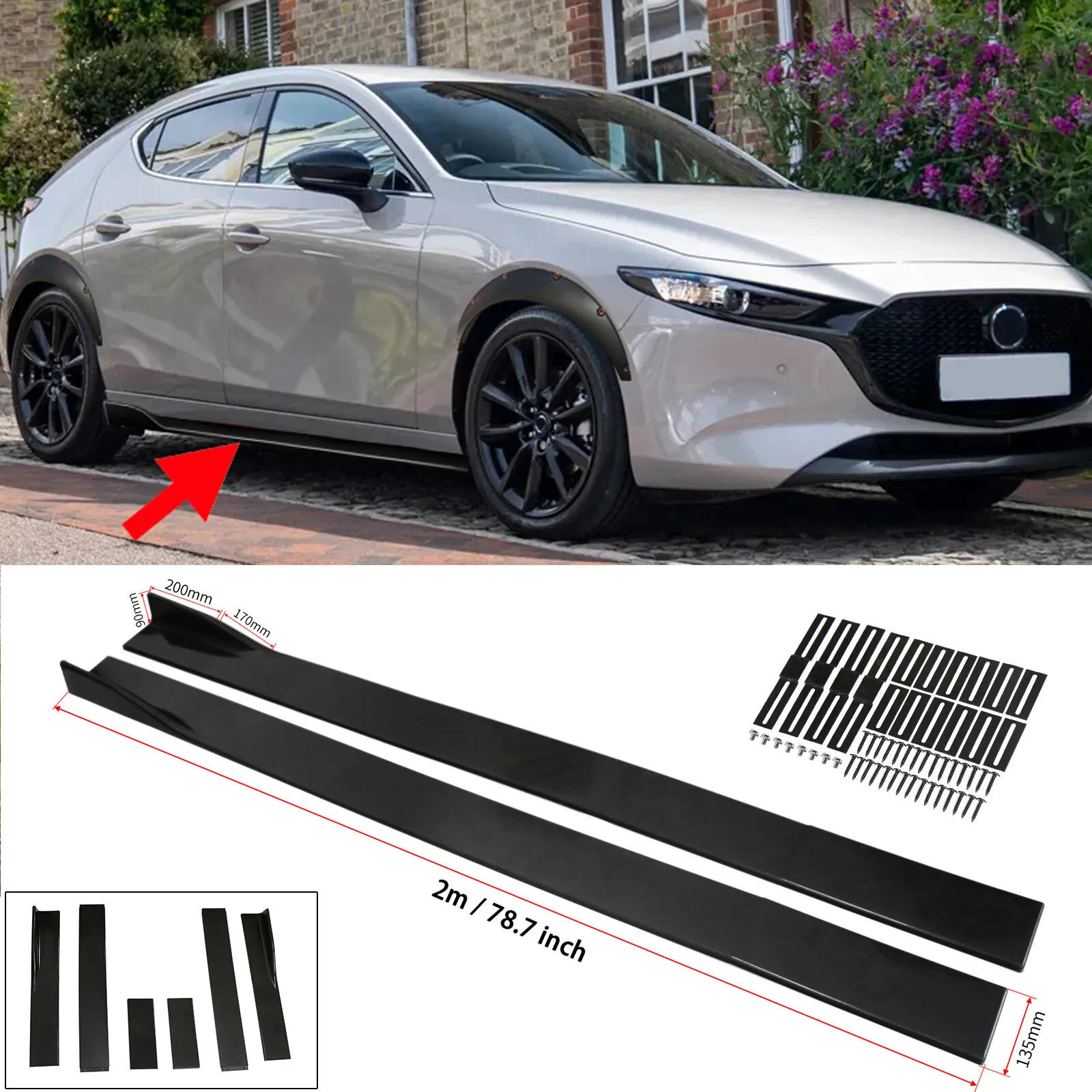 

78.7" Universal Car Fiber Side Skirt Extension Rocker Panel Splitter Lip Black
