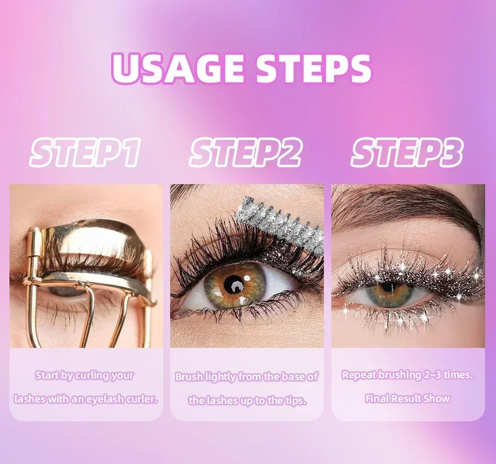 QIBEST Colored Mascara Quick Dry Longlasting Waterproof Sweatproof Curling Shiny Sequins Eyelash Sexy Mascara Shimmer Makeup