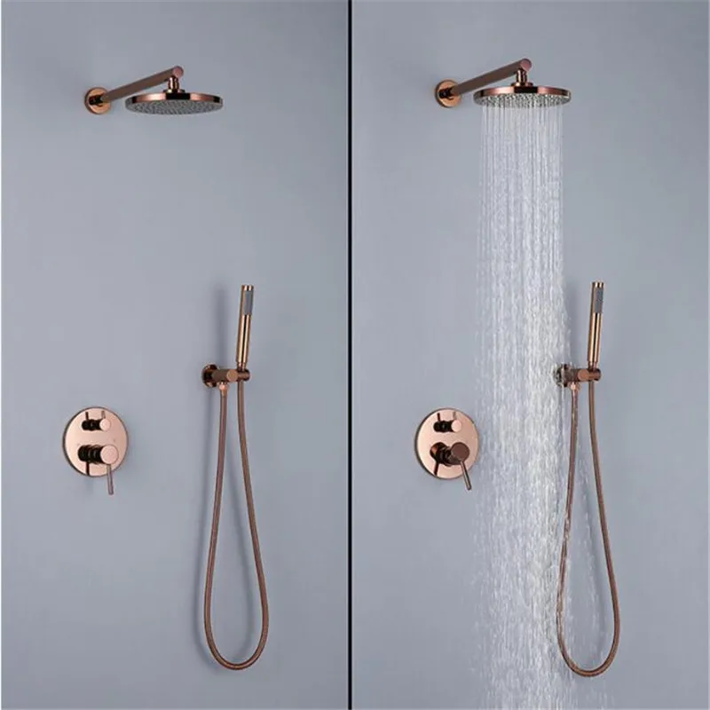 Rose Gold Brass Bathroom Shower Faucet Valve Faucet Set With 10 Inch Round Shower Head Bathroom Wall Shower Faucet Kit