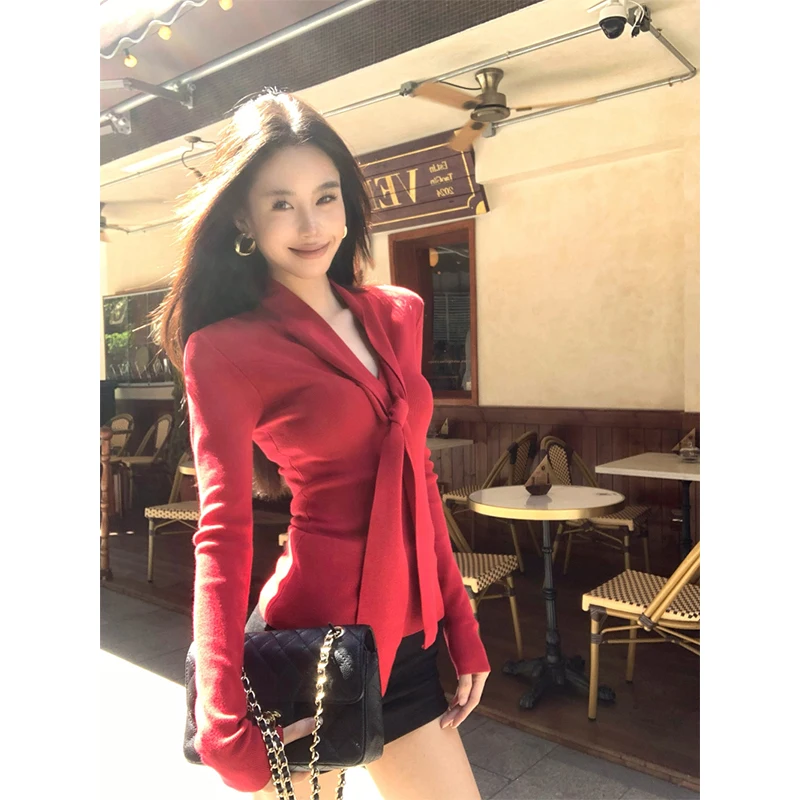 

Vintage Red Sweater Women Elegant Tie Knitted Pullovers Winter Korean V Neck Long Sleeve Knitwear Ladies Elastic Slim Jumpers