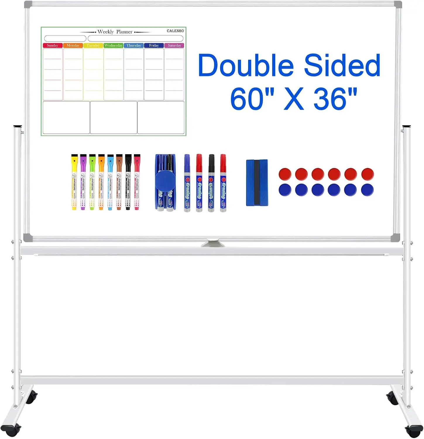 

Large 60x36 Mobile Magnetic Whiteboard on Wheels, Double-Sided Dry Erase Board with Stand for Office School Home
